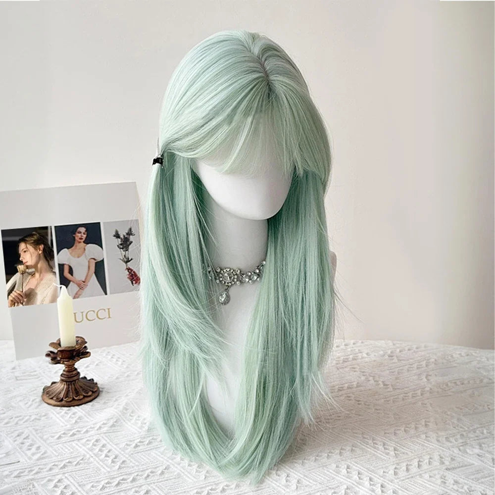 Mint Green Long Straight Synthetic Wig with Bangs Lolita Cosplay Women Heat Resistant Wig for Daily Party