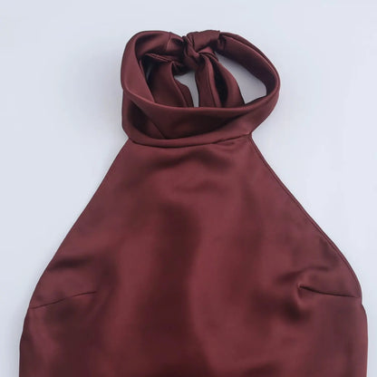 Halter Neck Ruched Bust Satin Column Maxi Dress