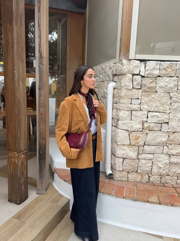 Retro Suede Female Jacket Chic Single Breasted Long Sleeve Lapel Loose Blazer Coat Women 2025 Spring High Street Lady Outerwear