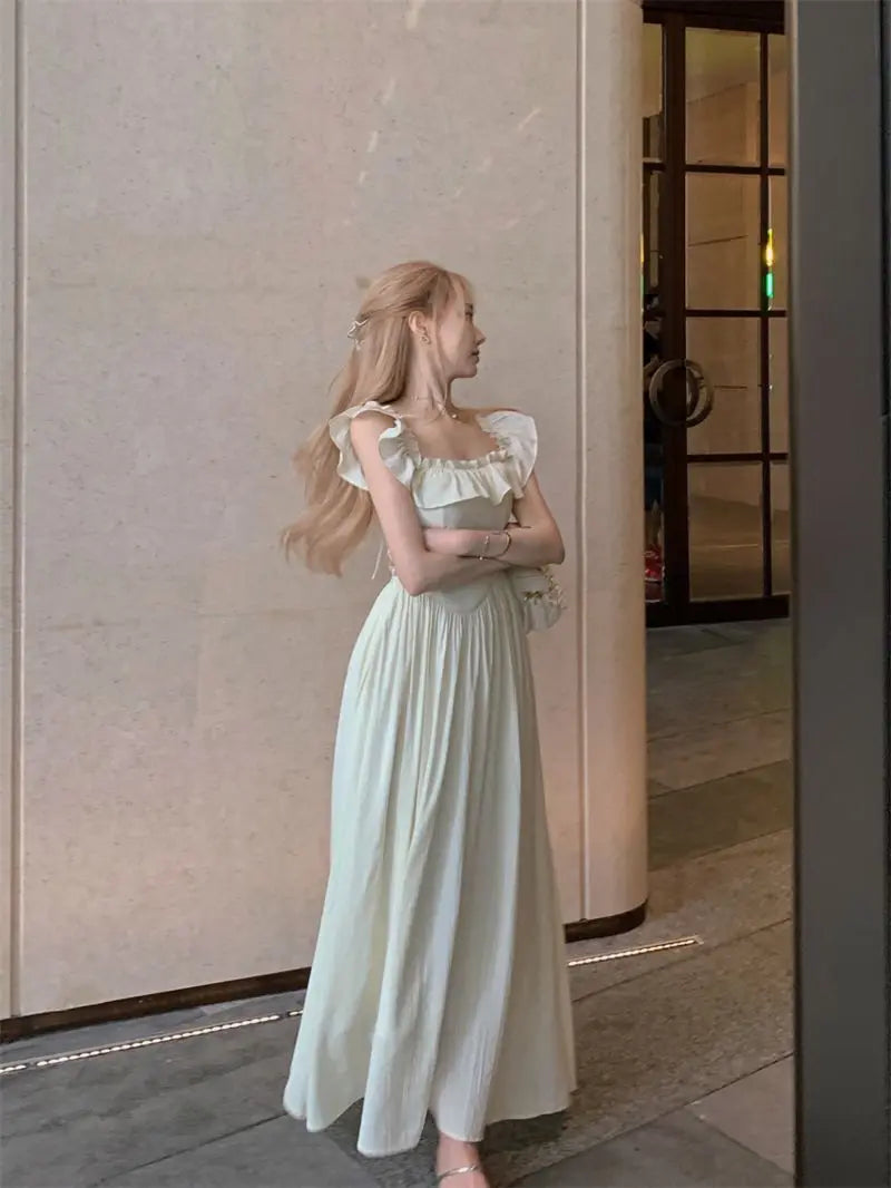 Sweet Gentle Square Neck Dress Summer New Temperament Waist-sharp Mid-length Dress