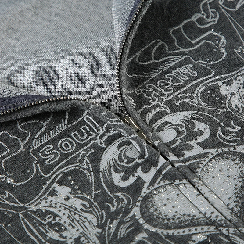 Y2K Graphic Print Zipper Jacket with Hooded Vintage Aesthetic Gray 2000s Women Coat Knitted Outwear Autumn Outfits