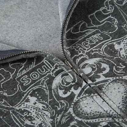 Y2K Graphic Print Zipper Jacket with Hooded Vintage Aesthetic Gray 2000s Women Coat Knitted Outwear Autumn Outfits
