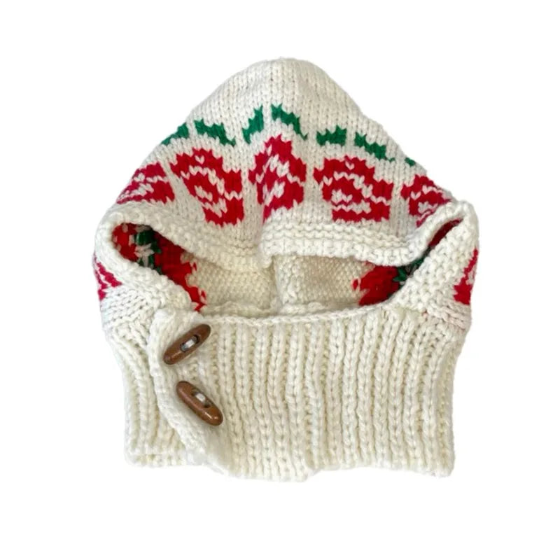 Korean Retro Balaclava Hat Winter Rose Jacquard Knitted Thermal Cover Neck Protection Integrated Ski Beanie Cap for Women's