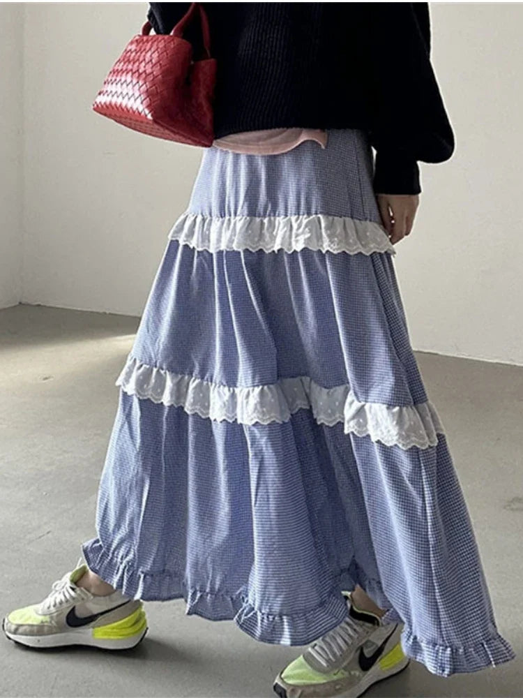 Ruffle Midi Long Skirts Womens Maxi Skirt Goth Lolita Summer Elastic Waist High Low Splice Lace Plaid Skirt rok