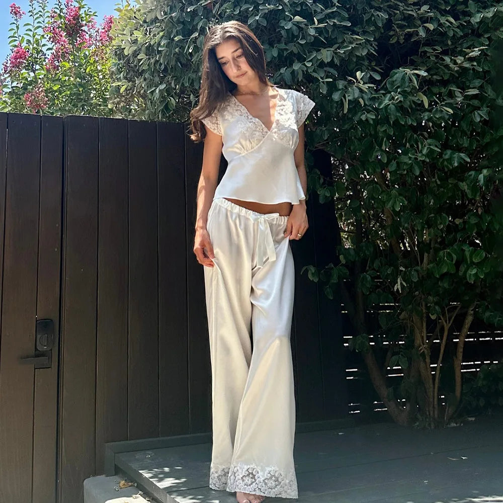 Lace Satin Patchwork Pants Solid Color Lace Up Elastic Waist Women's Casual Lace Bottom Wide Leg Pants Daily Chic Outfit