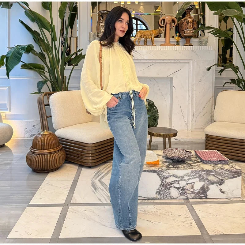 V-Neck Lace Up Waist Cinching Shirt Woman Casual Set Pleated Loose Solid Color Skirt Chic Elegant Versatile Baggy Women's Suits