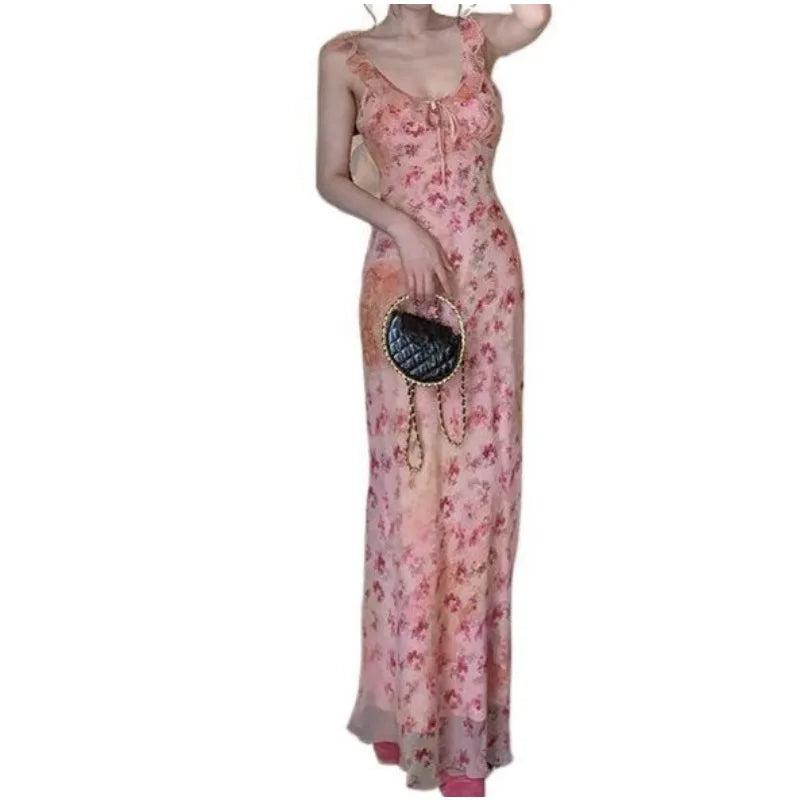 Tea Break Gentle Temperament V-neck Floral Suspender Dress Seaside Vacation Style Waist Hip Long Skirt