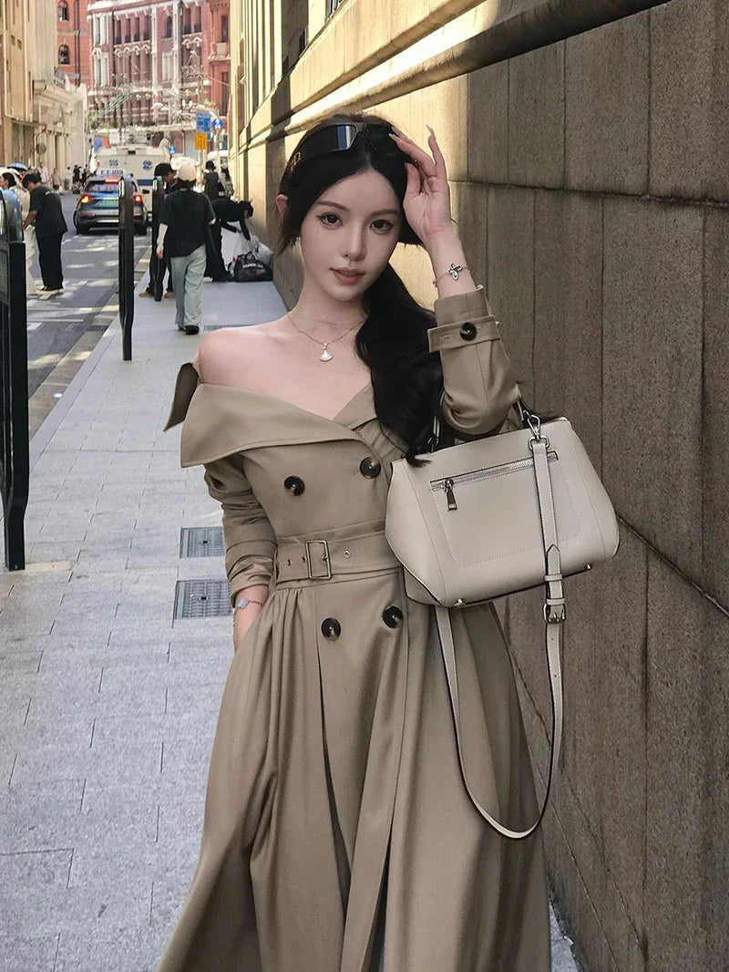 Long Trench Coat Women Streetwear Belt Sexy Off Shoulder Jackets Korean Double Breasted Outerwears Fall Winter Fashion Overcoat