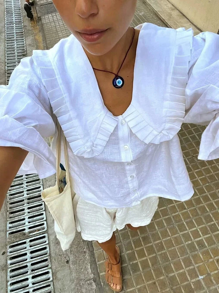 French Chic Elegant Shirt Blouse White Lace Peter Pan Collar Cotton Summer Puff Sleeve Loose Women Ladies Blouse Tops