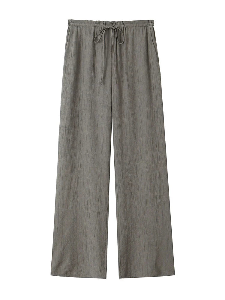 Drawstring Elastic Waist Wide Leg Summer Women Pants Beige Casual Loose Female Long Pantalones 2025 5 Colors Pants
