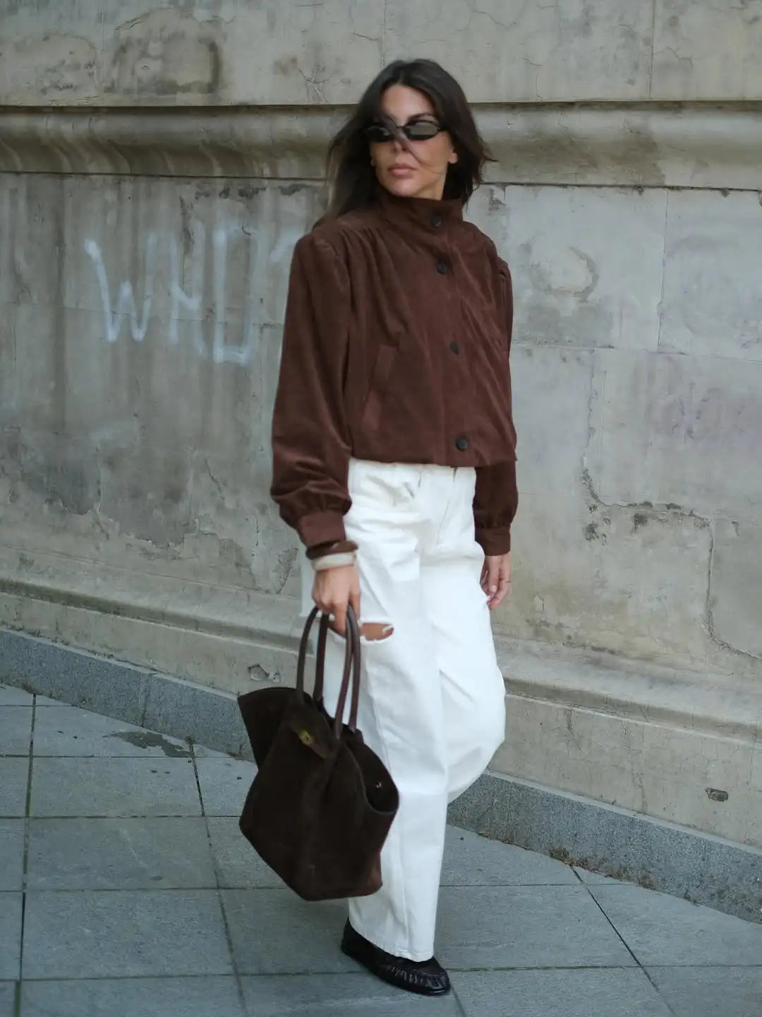 Retro Brown Suede Short Jacket Elegant Women Stand Collar Full Sleeves Single Breasteds Loose Coats Autumn Chic Lady Street Wear