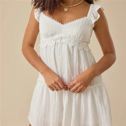 V Neck Tiered Swing Dress with Smocked Back for Summer Casual Beach Party Women's Ruffle Sleeve Lace Trim Babydoll Mini Dress