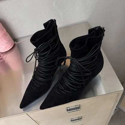 Fashion Pointed Toe Lace Up Ankle Boots Women High Quality Faux Suede Kitten Heel Designer Boot Comfort Back Zipper Modern Boots