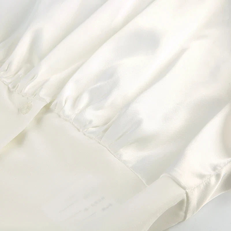 French Retro Satin A-line Shirt Chic Fashion Slimming Short Sleeve V-neck Blouses Office Ladies Elegant Top All-match