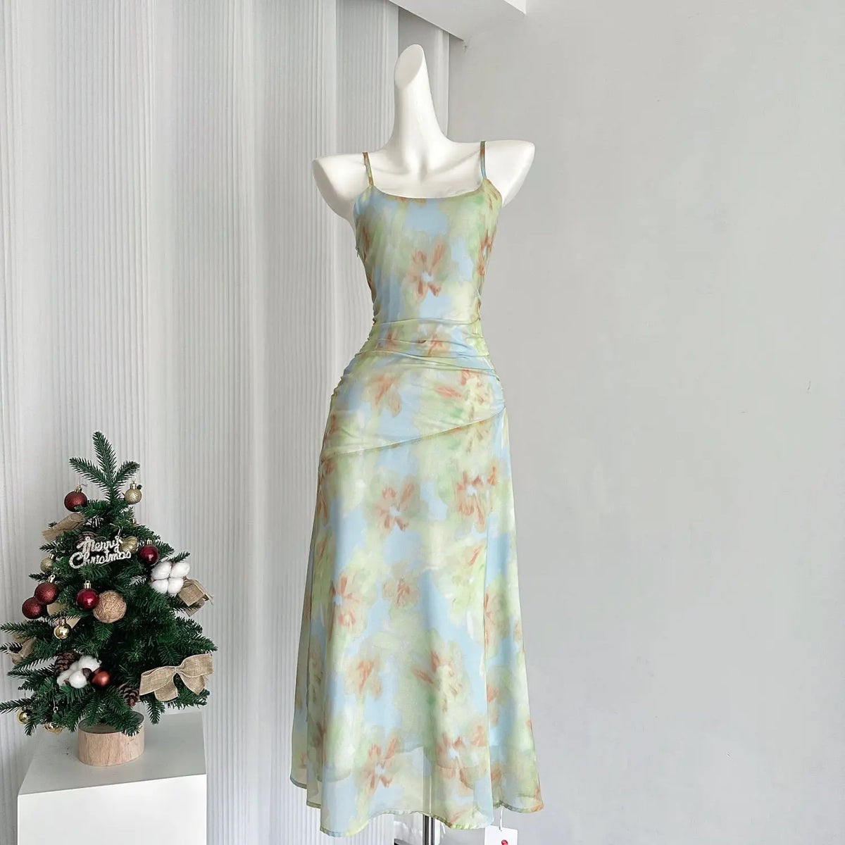 Suspender Dress Printed Long Chiffon Waist Slimming Atmosphere Female 24 New Summer Sweet Long Dress