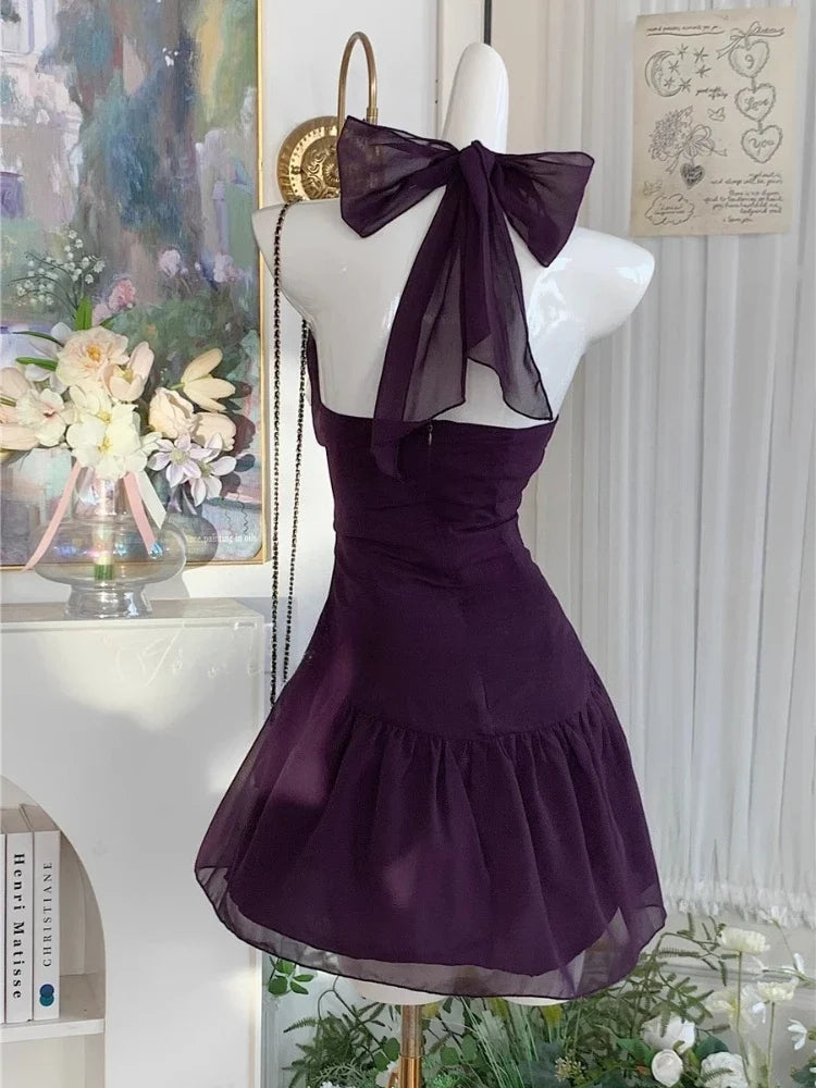 Purple Sexy Retro Elegant Woman Summer Dress Button Design Harajuku Princess Prom Dress Female Chic Korean Popular Clothes