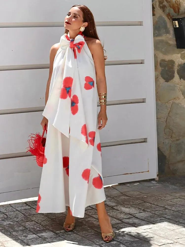 Women Elegant Tie Dye Sleeveless Pleat Long Dresses Fashion Floral Print Patchwork Contrasting Maxi Dress Lady Holiday Robe