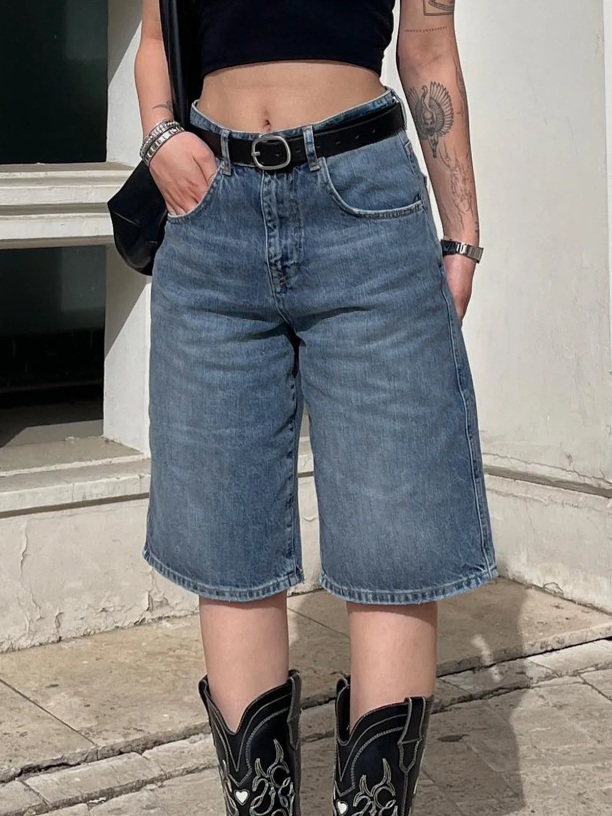 Blue Baggy knee-length Jeans Streetwear y2k High Waist Loose Mid-length Jeans for Women Summer Casual Basic Denim Pants