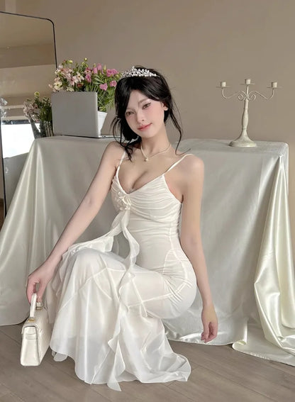 Women Dresses Sleeveless V Neck Ruffles Slim Elegant Backless Ruffles Ribbon Temperament Elegant Dress Sexy Ladies