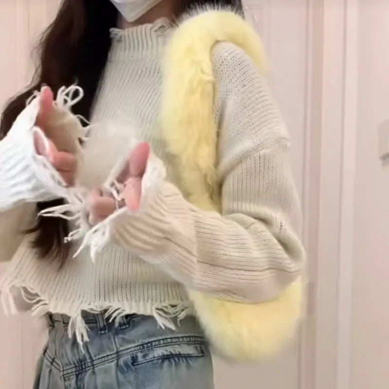 New Korean Plush Shoulder Bag Women's Zipper Large Capacity Crossbody Bag Cute Japanese Splicing Girl's Bag