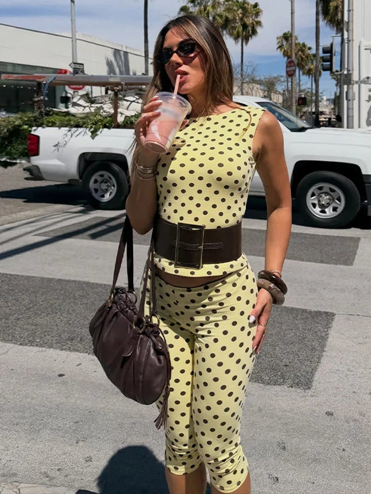 Polka Dot Open Back Sleeveless Top & Capri Pants Set High Waist Summer Fashion Retro Women Streetwear Casual Co-Ord Set