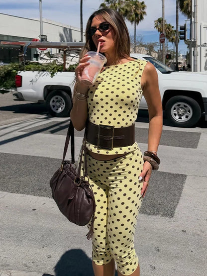 Polka Dot Open Back Sleeveless Top & Capri Pants Set High Waist Summer Fashion Retro Women Streetwear Casual Co-Ord Set