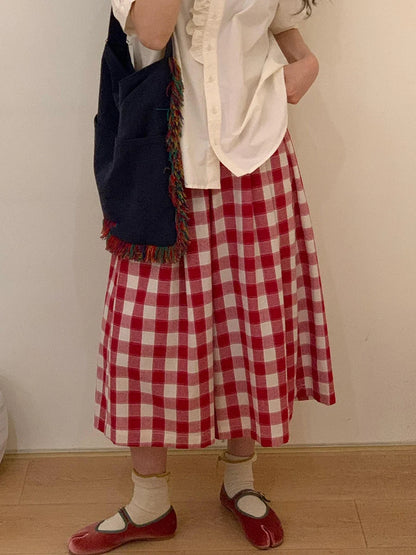 Women Tartan Oversize Casual Wide Pants Pockets Elastic Waist Plaid Cotton Linen Straight Baggy Jorts Summer Korean Clothes