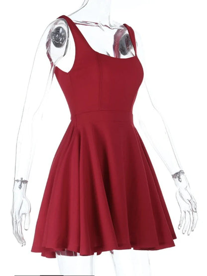 Women's Red Backless Mini Dress Summer Fashion Square Neck Sleeveless High Waist A Line Short Summer Elegant Tank Dress
