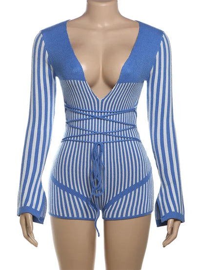Crochet Bandage Playsuits Women Low-Neck Contrast Striped Patchwork Long Sleeve Autumn Fit Trend Vacation Skinny Romper