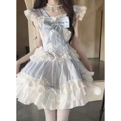 Lolita's cute and girlish design, with a ruffled bow and color-blocking lace puffy skirt