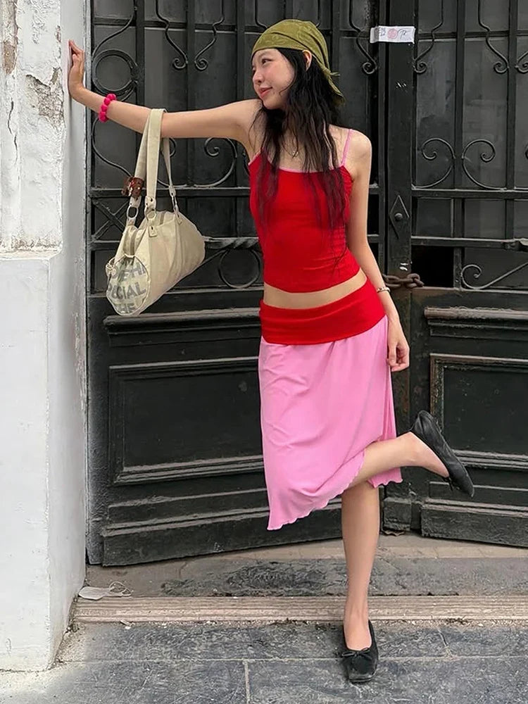 Low-Neck Fit Camisole+Patchwork Elastic Waist Skirt Summer Vacation Color Blocking 2-Piece Set Women Street Streetwear