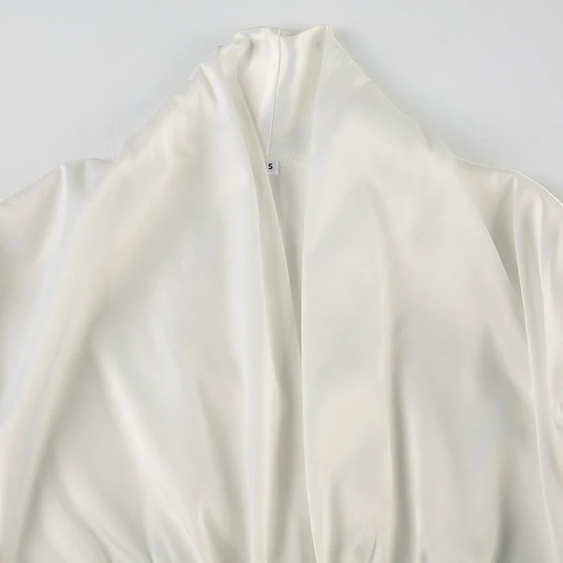 French Retro Satin A-line Shirt Chic Fashion Slimming Short Sleeve V-neck Blouses Office Ladies Elegant Top All-match