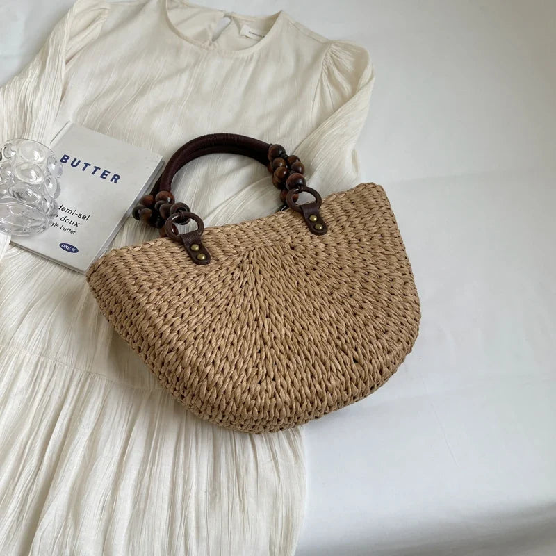 Khaki Straw Bag For Women Half Moon Design Beach Shoulder Bag With Short Handle Tote Summer Travel Handbag Fashion Handmade Bag