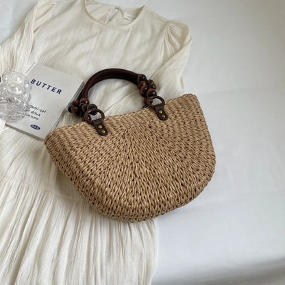 Khaki Straw Bag For Women Half Moon Design Beach Shoulder Bag With Short Handle Tote Summer Travel Handbag Fashion Handmade Bag