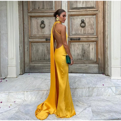 Halter Deep Scoop Back Cape Train Satin Maxi Gown