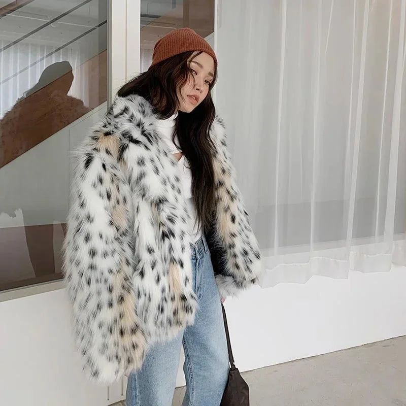 Dot Leopard Contrast Stand Collar Faux Fur Coat Women Warm Commute Long Sleeve Fluffy Plush Jacket Autumn High Street Outerwear