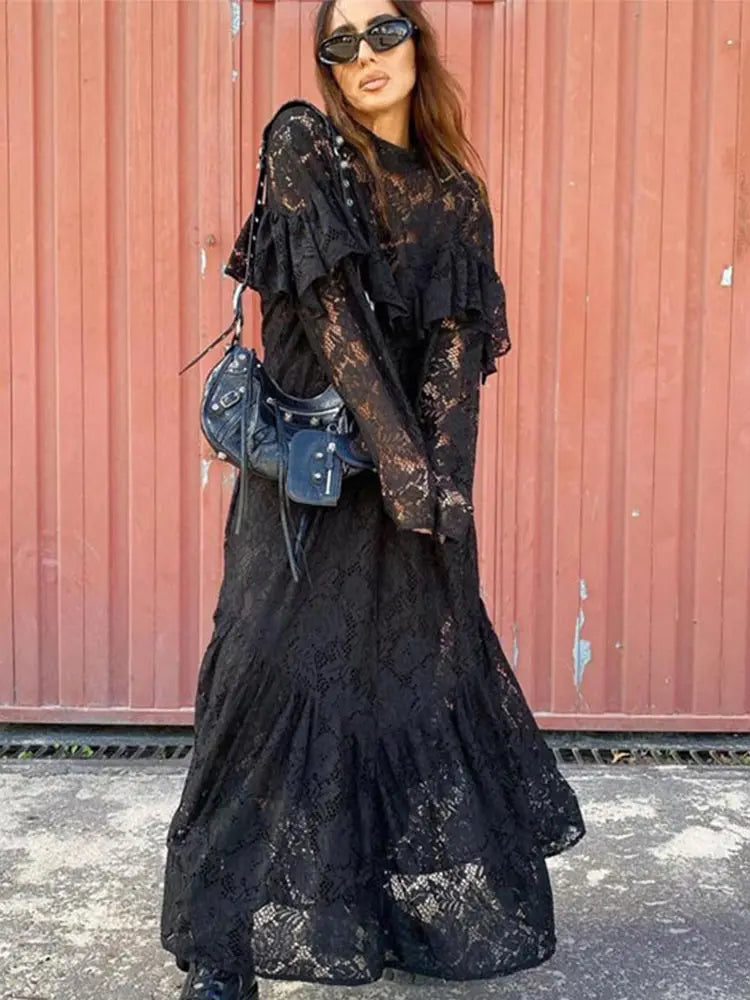 Sexy Lace Hollow Out A-lined Long Dresses Women Vintage Loose Perspective O-neck Black Dress Female Chic Elegant Party Street