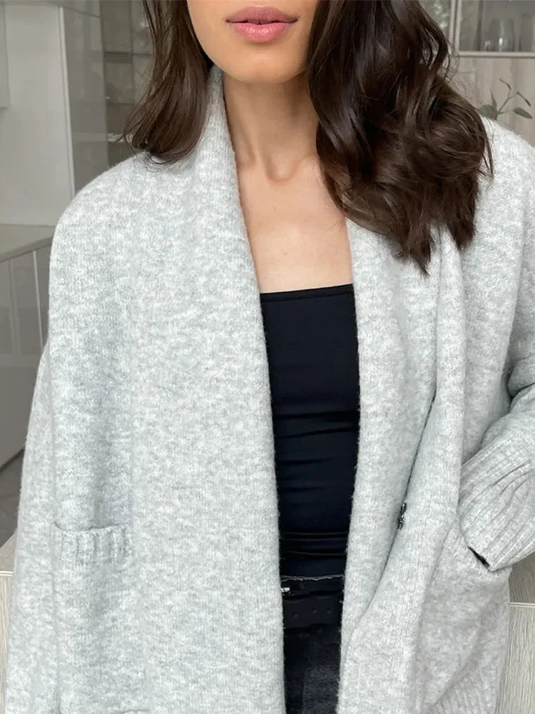 Elegant Solid Scarf Collar Knitted Cardigan Women Chic Full Sleeve With Pocket Loose Sweater New Autumn Lady Casual Street Wear