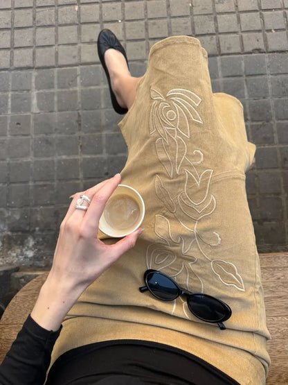 Women's Vintage Midi Skirt 2026 Summer High Waist Slim Ruffle Fishtail Skirts Party Side Slit Elegant Embroidery Skirt