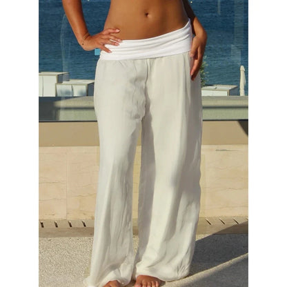 Womens Wide Leg Long Pants Elastic High Rise Fold Over Waist Trousers Loose Fit Casual Palazzo Pants Street Beachwear