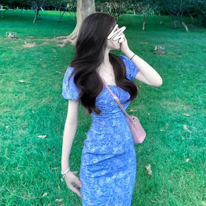 French Temperament Floral Print Y2k Dress Women Bubble Sleeves Split Shirring Collarbone Slim Gentle Summer Slim Sweet Chic Wear