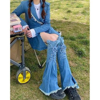 Plain Washed Strappy Women Flare Leg Warmers Denim Gradient Boots Cover Frayed Knee Long Socks Casual Vintage Streetwear