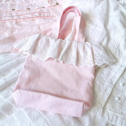 Mini Lace Printing Canvas Portable Bags for Women, Cute Female Handbag, Casual Tote, Lunch Bag