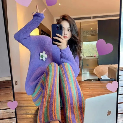 Fluffy Pajamas Set for Women Casual Sleepwear Tank Sunflower Plus Size Hoodie Leisure Homsuit Winter 2 Pieces Pijamas Set Kawaii