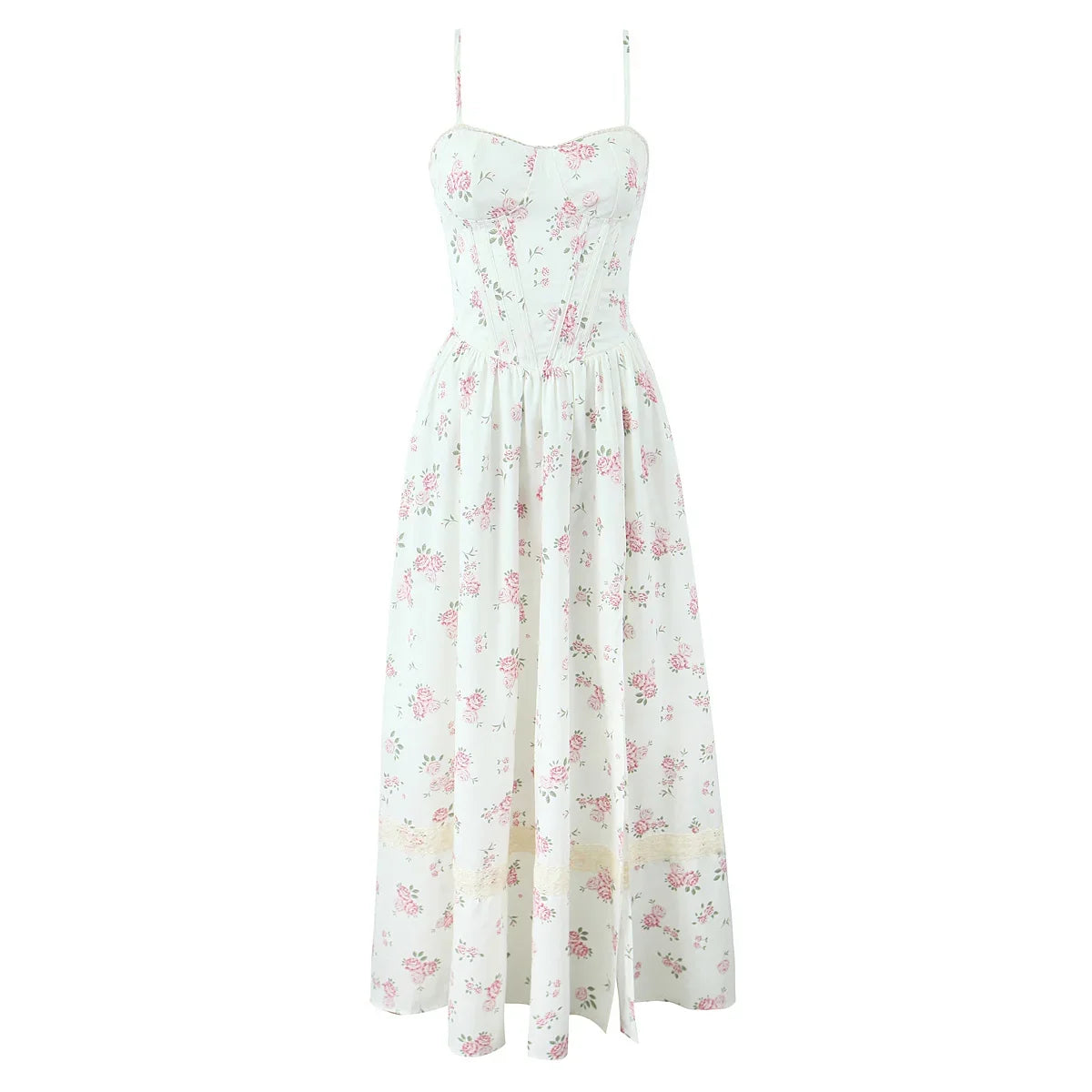 New 2025 Women Floral Print Elegant Sling Long Dress Sexy Thin Straps Hem Slit A-line Summer Holiday Dresses