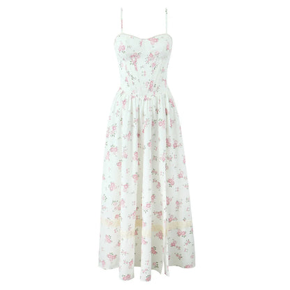 New 2025 Women Floral Print Elegant Sling Long Dress Sexy Thin Straps Hem Slit A-line Summer Holiday Dresses