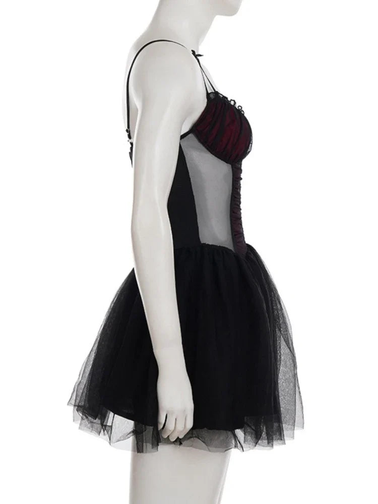 Gothic Black Bow Spaghetti Strap Dress Women Fashion Ruched V Neck Sleeveless Mesh Patchwork A Line Mini Dress Clubwear