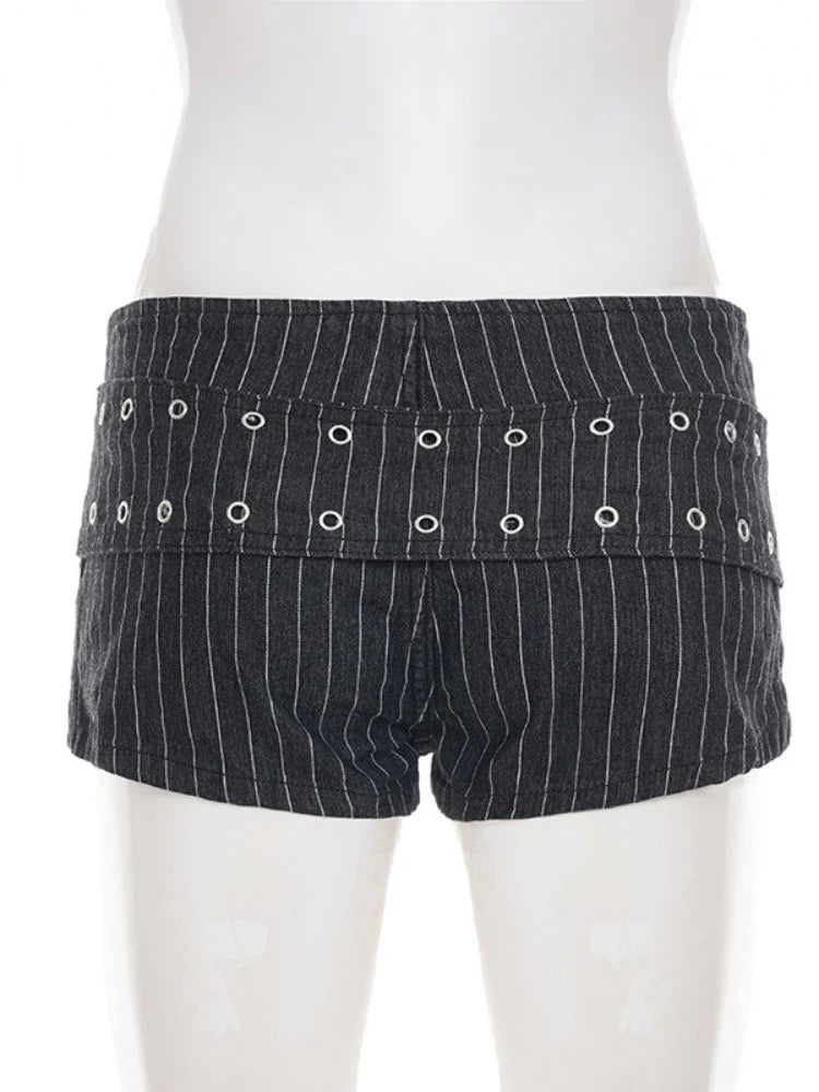 Y2K Striped Denim Shorts Women Summer Streetwear Sexy Hot Pants Metal Eyelet Belt Short Jeans Casual Party Club Outfits