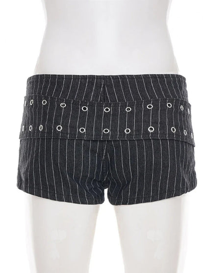 Y2K Striped Denim Shorts Women Summer Streetwear Sexy Hot Pants Metal Eyelet Belt Short Jeans Casual Party Club Outfits