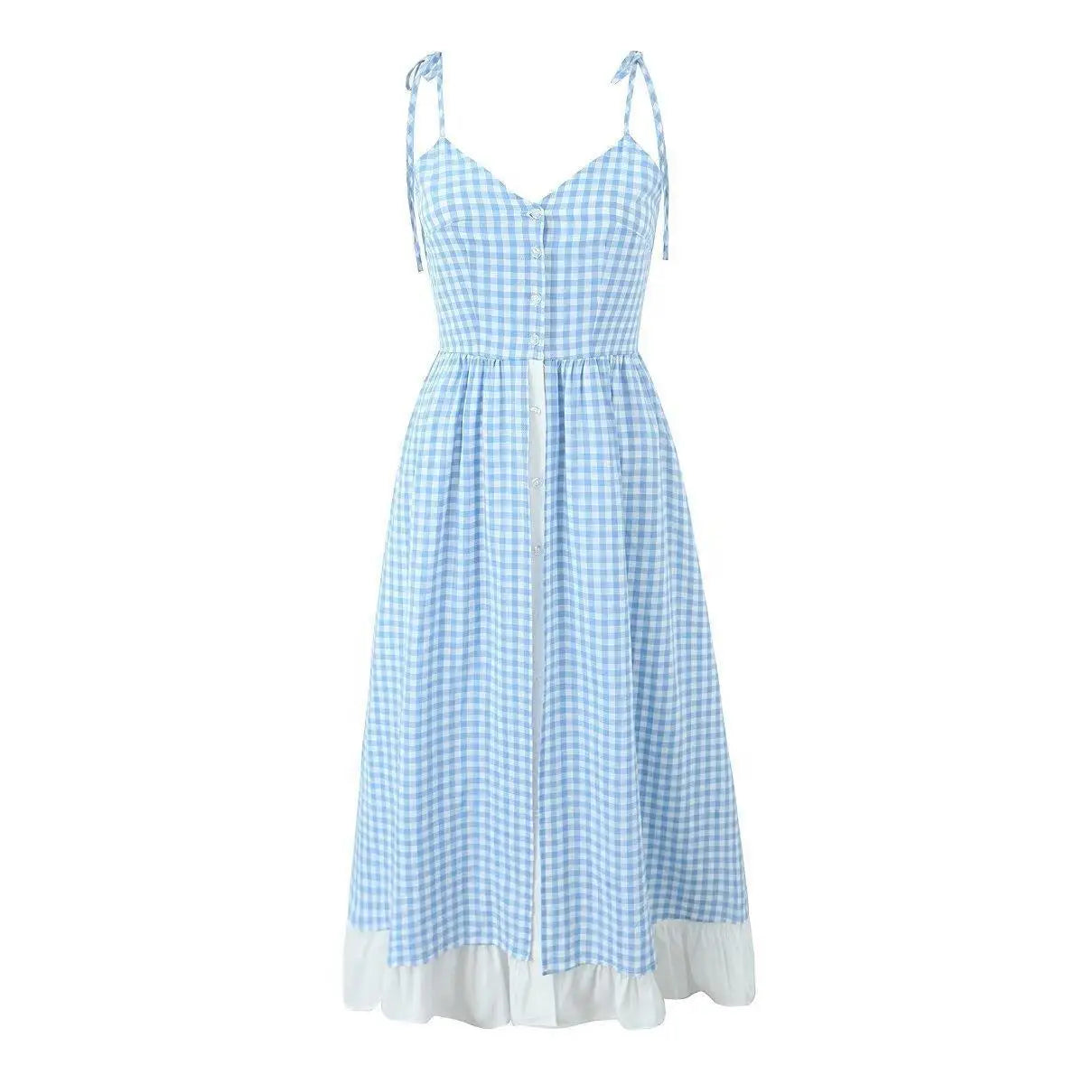 Blue Plaid Holiday Dresses Women Summer V Neck Single Breasted Sleeveless Sling Long Dress 2024 New Casual Chic A-line Vestidos